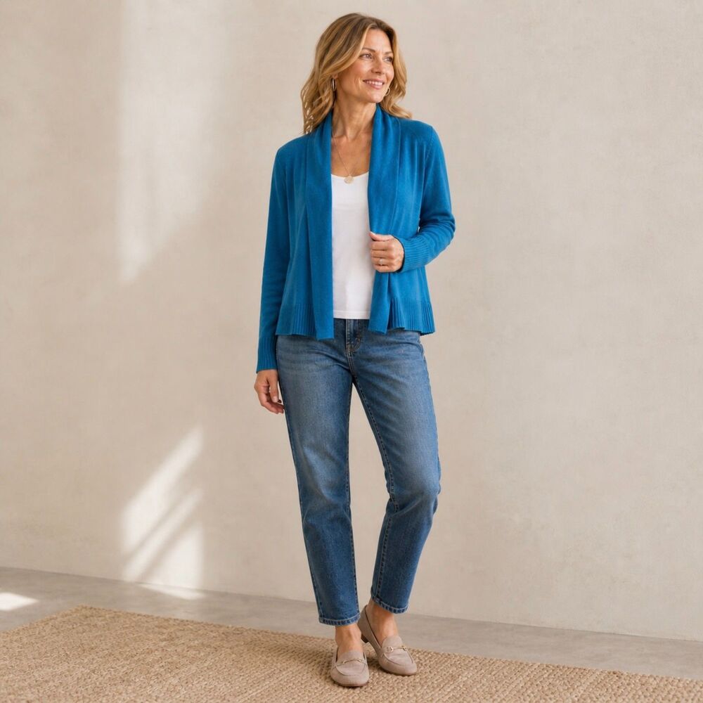 Eileen Fisher Organic Cotton Open Cardigan M Teal Blue Minimalist Casual Layer